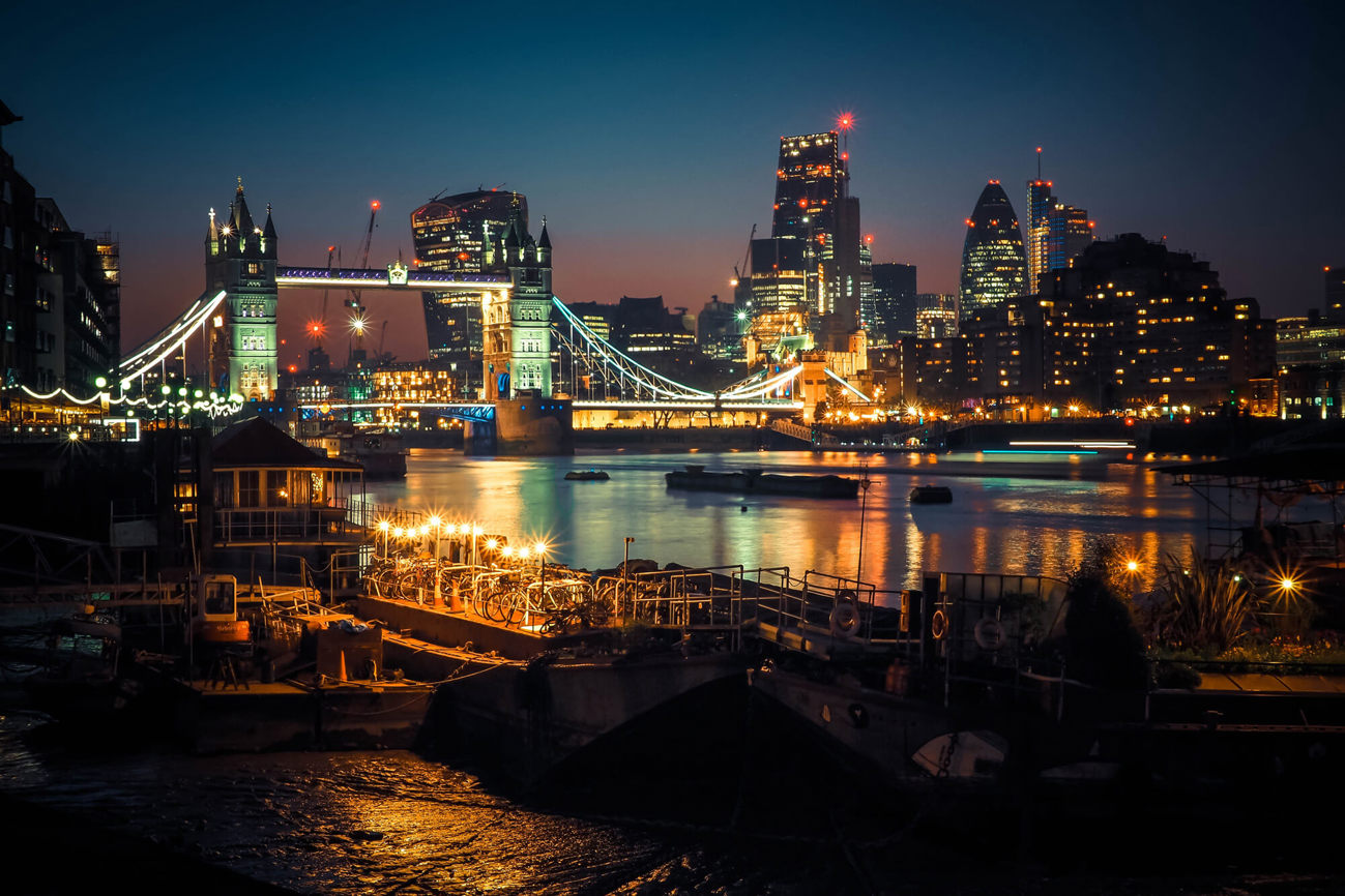 Tower Bridge in London lit up at night